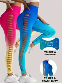 2 Pack Cut Out Ombre Gradient Color Hollow High-waist Butt-lifting Fitness Women's Yoga Pants, Women's High Waist Yoga Pants Cutout Ripped Super Soft (Option: 2PACK7-S)