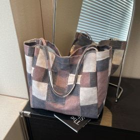 Women's Large Capacity Denim Color-contrast Check Idle Style Shoulder Commute Leisure Handbag Versatile Tote Bag (Color: Brown)