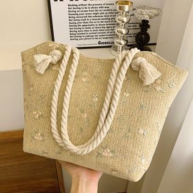 New And Simple Straw Bag Lace Bag Ins Straw Shoulder Bag Large Capacity Flower Fashion Women Handbag (Color: Khaki)