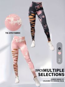 2 Pack Hollow Sexy High Elastic Women's Tie Dye Cutout Tights High Waist Workout Yoga Leggings, Scrunch Butt Lifting Elastic Pants, Tummy Control Butt (Option: 2PACK3-S)