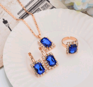 Europe And The United States Personalized Water Drop Color Diamond Necklace, Earrings, Rings Set, Shiny High-end Bridal Jewelry Wholesale (Option: Fang Baolan-5)