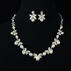 Korean bride pearl Clover Necklace Earrings Set Wedding jewelry accessories factory (Option: White-Earrings)