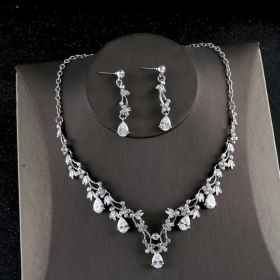 Simple Zircon Necklace Earrings Korean Bride Wedding Necklace set dinner party dress jewelry accessories (Option: Ear Clip)