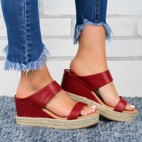 Wedge Heel Slippers Casual Sandals Hemp High Wedge Heel Shoes (Option: Red-35)