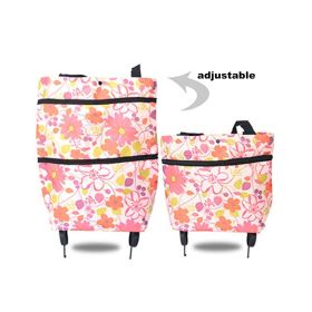 2 in 1 Foldable Shopping Cart with Wheels Premium Oxford Fabric Multifunction Shopping Bag Organizer High Capacity (Color: Pink)