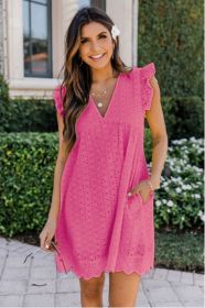 Lace Dresses With Pocket Summer Sleeveless Jacquard Cutout V-Neck Beach Dress (Option: Rose Red-XS)