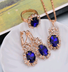 Europe And The United States Personalized Water Drop Color Diamond Necklace, Earrings, Rings Set, Shiny High-end Bridal Jewelry Wholesale (Option: Elliptical blue-4)