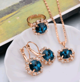 Europe And The United States Personalized Water Drop Color Diamond Necklace, Earrings, Rings Set, Shiny High-end Bridal Jewelry Wholesale (Option: Round lake blue-2)