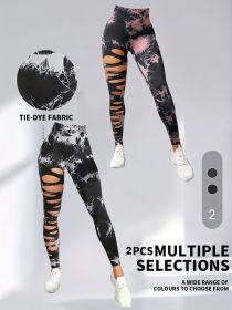 2 Pack Hollow Sexy High Elastic Women's Tie Dye Cutout Tights High Waist Workout Yoga Leggings, Scrunch Butt Lifting Elastic Pants, Tummy Control Butt (Option: 2PACK1-S)