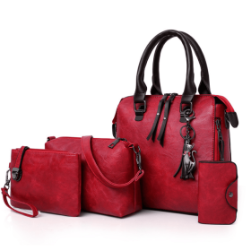 Multi-piece set New wave fashion handbag bag retro simple child bag shoulder bag Messenger bag (Color: Red)