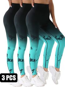 3 Pack Women's Tie Dye Gradient Color Yoga Sports Leggings, Ruched High Waist Workout Seamless Scrunch Booty Leggings Butt Lift Athletic Leggings Tumm (Option: 3PACK4-S)