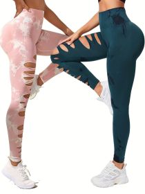 2 Pack Hollow Sexy High Elastic Women's Tie Dye Cutout Tights High Waist Workout Yoga Leggings, Scrunch Butt Lifting Elastic Pants, Tummy Control Butt (Option: 2PACK19-L)