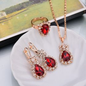 Europe And The United States Personalized Water Drop Color Diamond Necklace, Earrings, Rings Set, Shiny High-end Bridal Jewelry Wholesale (Option: Red-1)