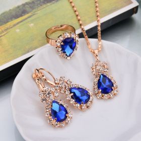 Europe And The United States Personalized Water Drop Color Diamond Necklace, Earrings, Rings Set, Shiny High-end Bridal Jewelry Wholesale (Option: Bule-1)