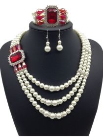 European fashion Diamond Gemstone Pearl Necklace Earrings Set multi bride chain bracelet three piece Necklace (Color: Red)