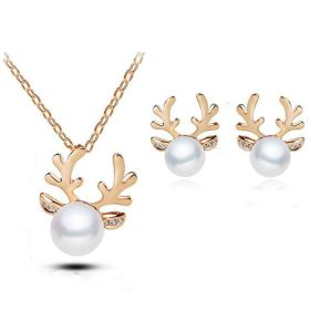 Europe and the United States foreign trade Pearl Necklace Earrings Set Diamond Wedding Jewelry Necklace Set bride antlers (Color: Gold)