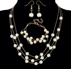 All-match Sweet And Elegant Bride Bridesmaid Mesh  Pearl Necklace Bracelet Earring Set 3 Piece Jewelry Wholesale (Color: Gold)
