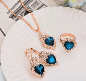 Europe And The United States Personalized Water Drop Color Diamond Necklace, Earrings, Rings Set, Shiny High-end Bridal Jewelry Wholesale (Option: Heart shaped lake blue-3)