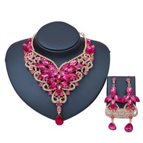 2021 speed selling explosion, African, European and American color exaggerated bride necklace earrings set of alloy manufacturers (Color: Pink)