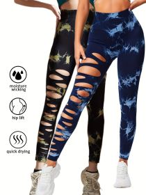 2 Pack Hollow Sexy High Elastic Women's Tie Dye Cutout Tights High Waist Workout Yoga Leggings, Scrunch Butt Lifting Elastic Pants, Tummy Control Butt (Option: 2PACK13-L)