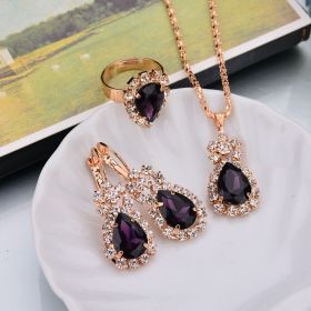 Europe And The United States Personalized Water Drop Color Diamond Necklace, Earrings, Rings Set, Shiny High-end Bridal Jewelry Wholesale (Option: Purple-1)