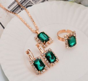 The bride suit crystal necklace earrings ring three suit jewelry accessories and foreign wedding dinner (Color: Green)