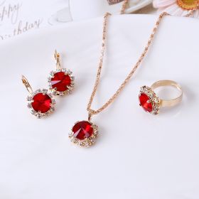 Europe and America fashion round crystal necklace earrings ring set hot jewelry jewelry wholesale jewelry wholesale (Color: Red)