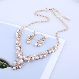 Aliexpress explosion of European and American fashion chain set sweet temperament all-match pearl diamond earrings necklace bride suit (Color: Gold)