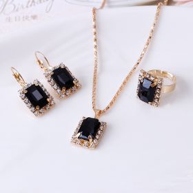 The bride suit crystal necklace earrings ring three suit jewelry accessories and foreign wedding dinner (Color: Black)