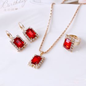 The bride suit crystal necklace earrings ring three suit jewelry accessories and foreign wedding dinner (Color: Red)