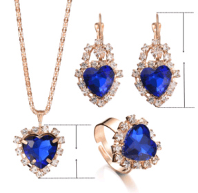 Europe And The United States Personalized Water Drop Color Diamond Necklace, Earrings, Rings Set, Shiny High-end Bridal Jewelry Wholesale (Option: Heart blue-3)