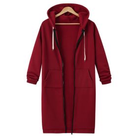Hooded Long Sleeve Sweater Fleece Long Jacket (Option: Wine Red-5XL)