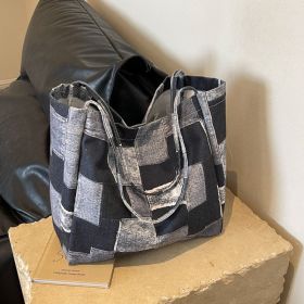 Women's Large Capacity Denim Color-contrast Check Idle Style Shoulder Commute Leisure Handbag Versatile Tote Bag (Color: Black)