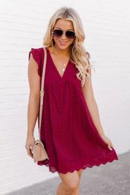 Lace Dresses With Pocket Summer Sleeveless Jacquard Cutout V-Neck Beach Dress (Option: Wine Red-S)