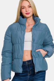 Zenana Zip Up Turtleneck Puffer Jacket With Pockets (Option: Dusty Blue-XL)