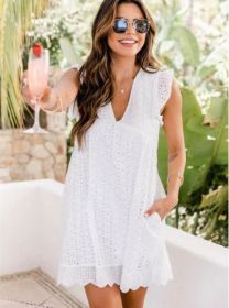 Lace Dresses With Pocket Summer Sleeveless Jacquard Cutout V-Neck Beach Dress (Option: White-Xl)