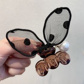 Polka Dot Lace Rabbit Ears Clip Bangs Broken Hairpin Pearl Hairpin (Color: Coffee)
