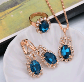Europe And The United States Personalized Water Drop Color Diamond Necklace, Earrings, Rings Set, Shiny High-end Bridal Jewelry Wholesale (Option: Elliptical lake blue-4)