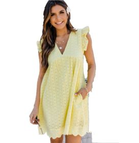 Lace Dresses With Pocket Summer Sleeveless Jacquard Cutout V-Neck Beach Dress (Option: Yellow-3XL)