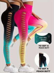 2 Pack Cut Out Ombre Gradient Color Hollow High-waist Butt-lifting Fitness Women's Yoga Pants, Women's High Waist Yoga Pants Cutout Ripped Super Soft (Option: 2PACK6-S)
