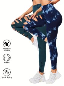 2 Pack Hollow Sexy High Elastic Women's Tie Dye Cutout Tights High Waist Workout Yoga Leggings, Scrunch Butt Lifting Elastic Pants, Tummy Control Butt (Option: 2PACK7-S)