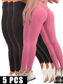 5 Pack Women's Solid Color Hip-raising High-waisted V-back Waist Seamed Yoga Fitness Tights, Women-Butt Lift High Waisted Tummy Control Yoga Pants-Wor (Option: 5PACK5-S)