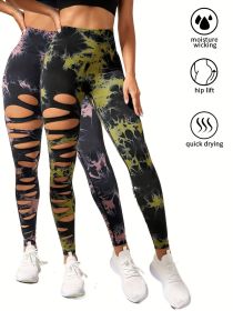 2 Pack Hollow Sexy High Elastic Women's Tie Dye Cutout Tights High Waist Workout Yoga Leggings, Scrunch Butt Lifting Elastic Pants, Tummy Control Butt (Option: 2PACK17-L)