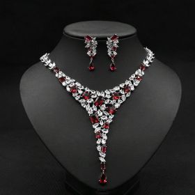 Colorful Zircon Necklace Set Wedding Dress Wedding Earring Accessories (Color: Red)