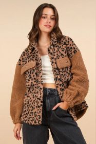VERY J Fuzzy Leopard Button Down Long Sleeve Jacket (Option: Leopard Camel-S)