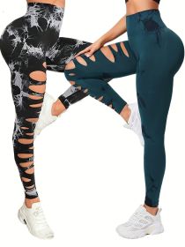 2 Pack Hollow Sexy High Elastic Women's Tie Dye Cutout Tights High Waist Workout Yoga Leggings, Scrunch Butt Lifting Elastic Pants, Tummy Control Butt (Option: 2PACK20-S)