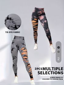 2 Pack Hollow Sexy High Elastic Women's Tie Dye Cutout Tights High Waist Workout Yoga Leggings, Scrunch Butt Lifting Elastic Pants, Tummy Control Butt (Option: 2PACK2-S)