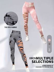 2 Pack Hollow Sexy High Elastic Women's Tie Dye Cutout Tights High Waist Workout Yoga Leggings, Scrunch Butt Lifting Elastic Pants, Tummy Control Butt (Option: 2PACK5-S)