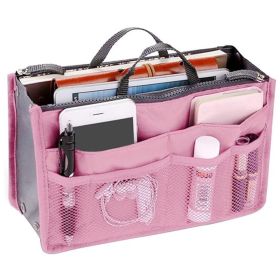 Handbag Organizer Insert For Women With 13 Pockets Large Capacity Lining Zipper Handle Portable Women's Purse Bag Travel Documents Cards Small Items (Color: Pink)
