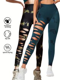 2 Pack Hollow Sexy High Elastic Women's Tie Dye Cutout Tights High Waist Workout Yoga Leggings, Scrunch Butt Lifting Elastic Pants, Tummy Control Butt (Option: 2PACK15-L)